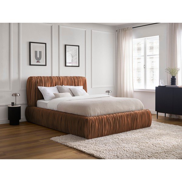 Narančasti tapecirani bračni krevet s prostorom za odlaganje s podnicom 160x200 cm Blair – Bobochic Paris-image-1