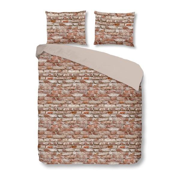 Smeđa pamučna posteljina za bračni krevet Good Morning Brick, 200 x 200 cm