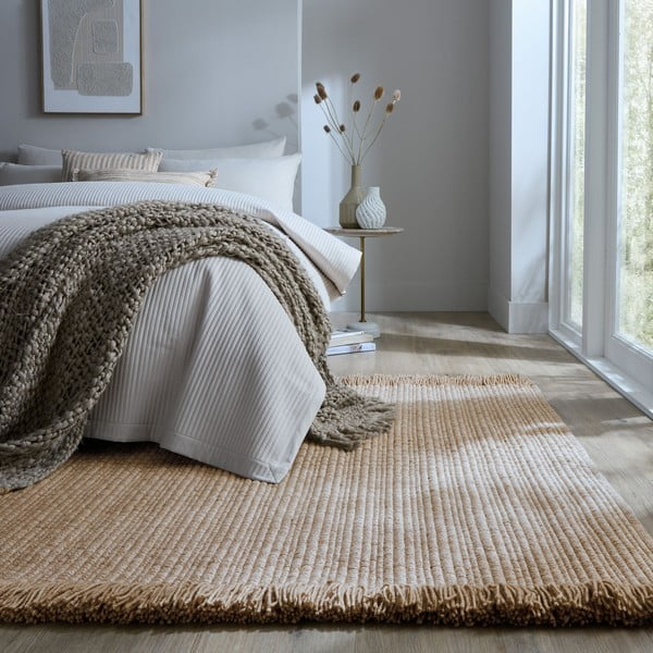 Bež ručno rađen tepih od mješavine vune 120x170 cm Rene Fringed Ribbed – Flair Rugs-image-1