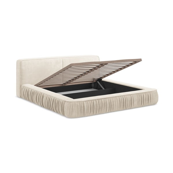 Krem tapecirani bračni krevet s prostorom za odlaganje s okvirom od letvica 140x200 cm Keoni - Makamii-image-3
