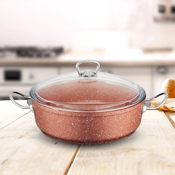 Ružičasti niski aluminijski lonac s poklopcem Güral Porselen Classic, ø 30 cm-image-4