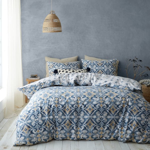 Plava/krem posteljina za krevet za jednu osobu 135x200 cm Inara Ikat – Pineapple Elephant