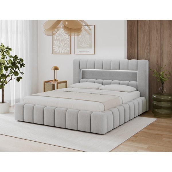 Svijetlo sivi tapecirani bračni krevet s prostorom za odlaganje s podnicom 140x200 cm Lamica – ELTAP-image-2