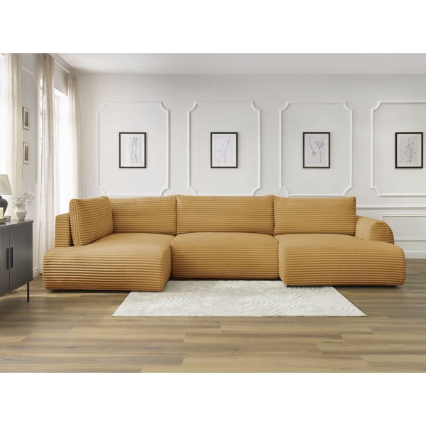 Senf žuta sklopiva/s prostorom za odlaganje kutna garnitura od samta (s lijevim kutom/u obliku slova "U") Lucien – Bobochic Paris-image-1