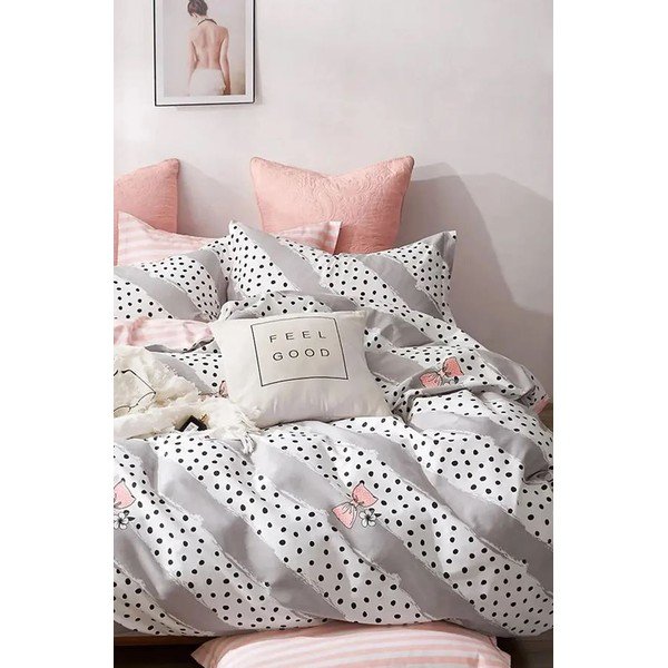 Bijela/ružičasta pamučna posteljina za bračni krevet/za produženi krevet s uključenom plahtom/4-dijelna 200x220 cm Bow and Polka-Dot – Mila Home-image-2