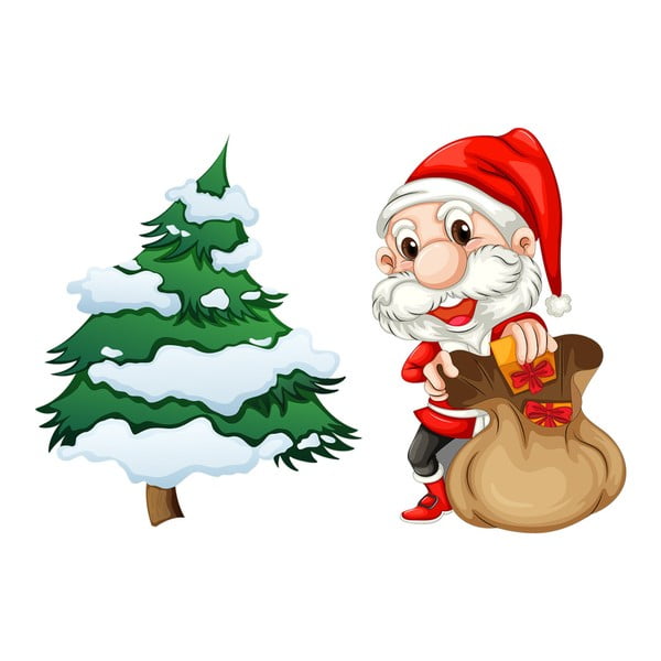Božićna naljepnica Ambijent Djed Mraz i drvo
