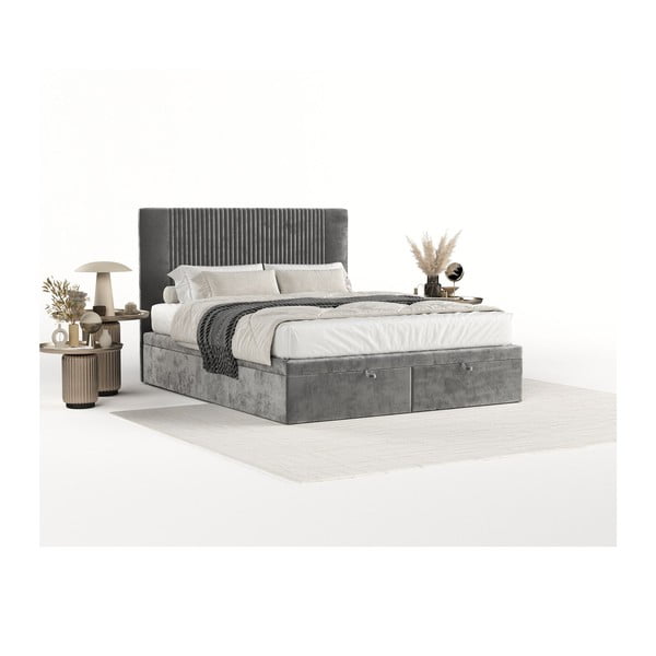 Sivi tapecirani bračni krevet s prostorom za pohranu 200x200 cm Mavel – Maison de Rêve-image-1