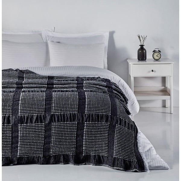 Crni pamučni prekrivač za bračni krevet 230x250 cm Waffle – Mijolnir