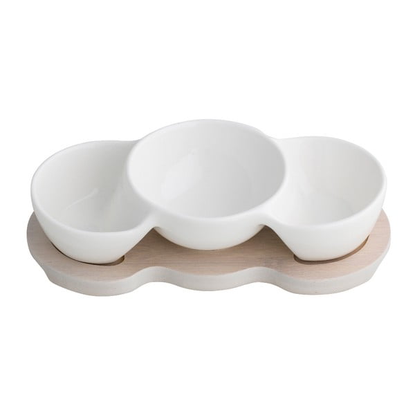 Bijela trostruka porculanska zdjela za posluživanje na Brandani Mini bambusovom pladnju