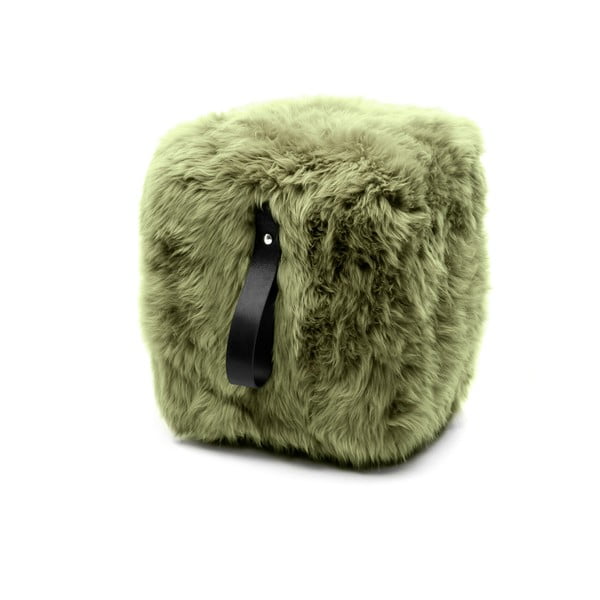Maslinasto zeleni podnožnik od ovčjeg krzna s crnom ručkom Royal Dream, 45 x 45 cm