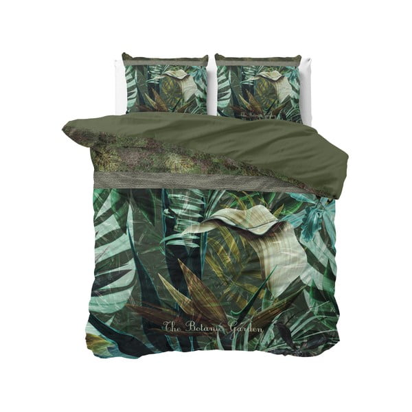 Zelena pamučna posteljina Pure Cotton Botanic Garden, 200 x 200/220 cm