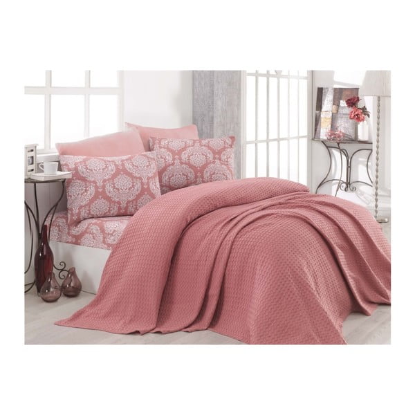 Set ružičastog pamučnog prekrivača, posteljine i 2 jastučnice za bračni krevet Turro Messo, 200 x 235 cm