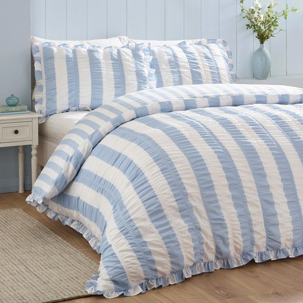 Plava posteljina za bračni krevet 200x200 cm Seersucker Frill Stripe – Catherine Lansfield-image-1