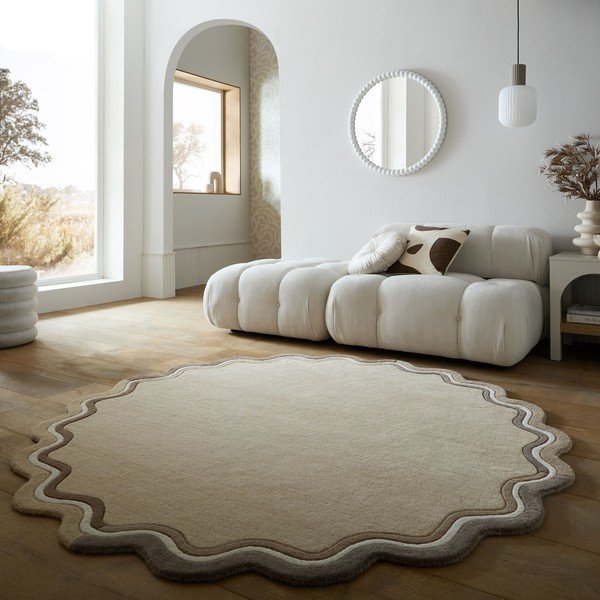 Ručno rađen vunen okrugao tepih u prirodnoj boji ø 180 cm Leo Scallop – Flair Rugs-image-1