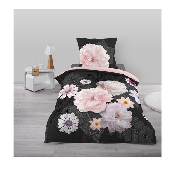 Crna/ružičasta pamučna posteljina za krevet za jednu osobu 140x200 cm Floral – douceur d'intérieur