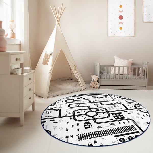 Crno-bijeli periv dječji tepih za igru ø120 cm In My Town – Mila Home-image-2