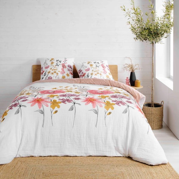Bijela/ružičasta posteljina za bračni krevet/za produženi krevet od muslina 220x240 cm Rosine – douceur d'intérieur