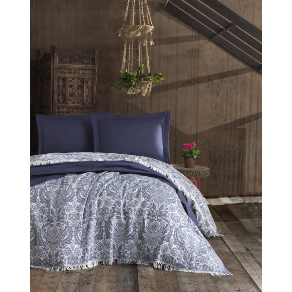 Tamnoplavi pamučni pokrivač EnLora Home Nish, 240 x 260 cm