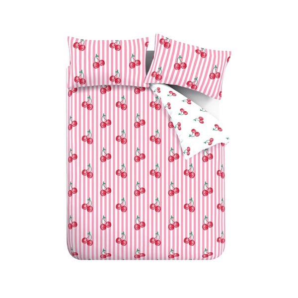 Bijela/ružičasta posteljina za bračni krevet 200x200 cm Disco Cherries Stripes – Catherine Lansfield
