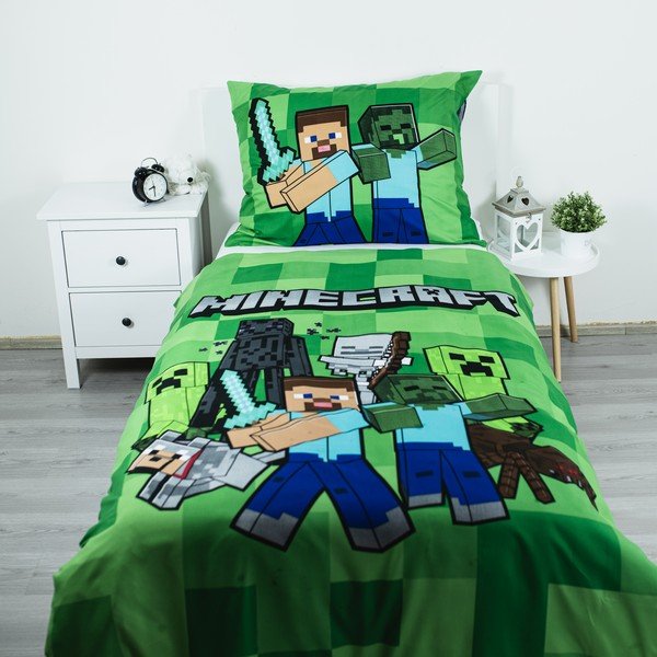 Zelena dječja posteljina za krevet za jednu osobu od mikrovlakana 140x200 cm Minecraft Block Stack – Jerry Fabrics-image-1