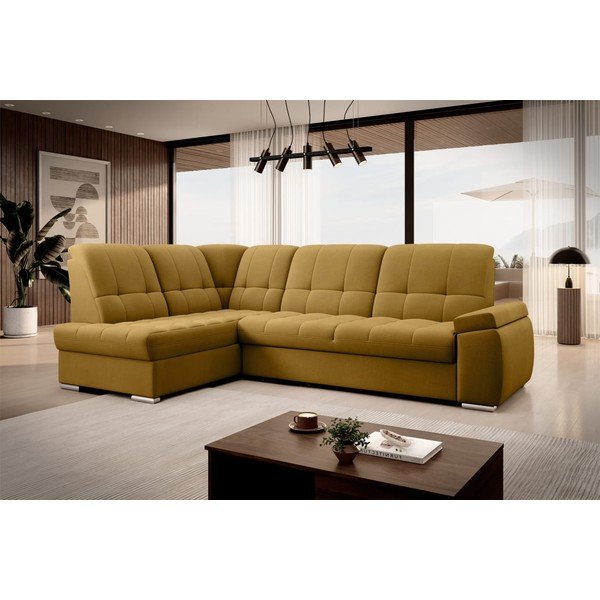 Žuta  baršunasti sklopiva/s prostorom za odlaganje kutna garnitura (s lijevim kutom/u obliku slova L) Sado – ELTAP-image-4