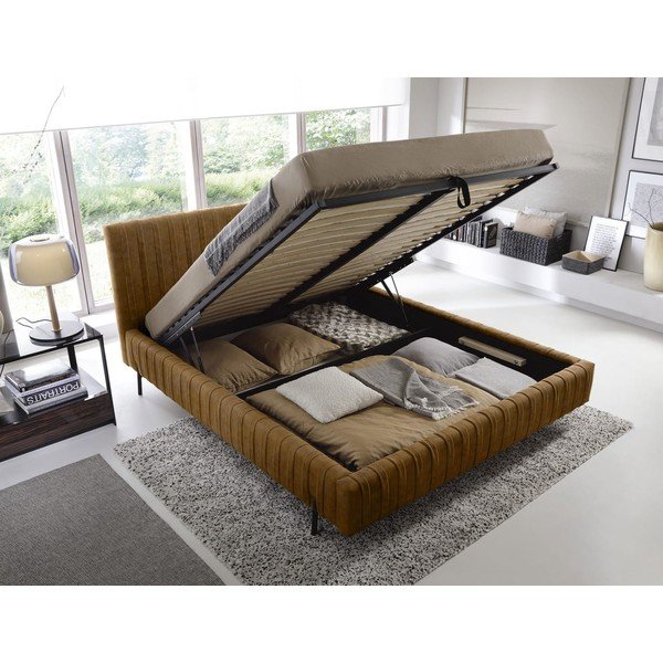 Oker žuti tapecirani bračni krevet s prostorom za odlaganje s podnicom 160x200 cm Plissa – ELTAP-image-2