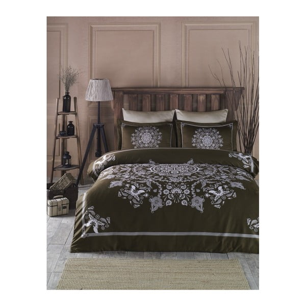 Posteljina s pamučnim satenom za bračni krevet Mandala Brown, 200 x 220 cm