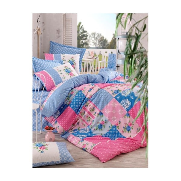 Ružičasto-plava posteljina za krevet za jednu osobu Patchwork, 160 x 220 cm
