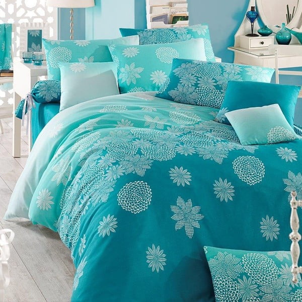 Tirkizna posteljina s plahtom za bračni krevet Simay, 200 x 220 cm