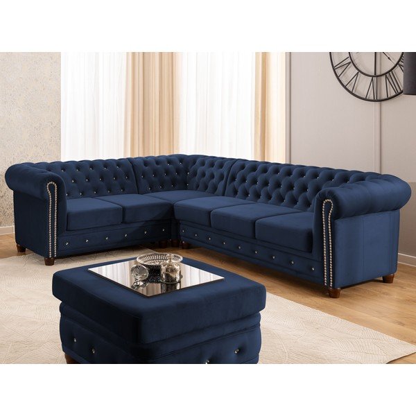 Plava baršunasti sklopiva kutna garnitura (s lijevim kutom/u obliku slova L) York Blik – Ropez-image-1