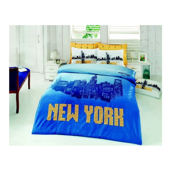 Posteljina za bračne krevete s plahtama s natpisom New York, 200 x 220 cm