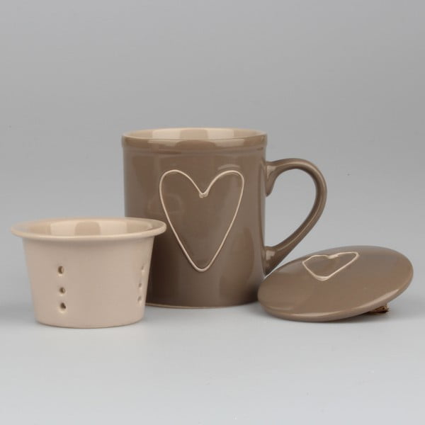 Ručno ukrašena smeđa keramička šalica s cjedilom za čaj Dakls Heart, 325 ml
