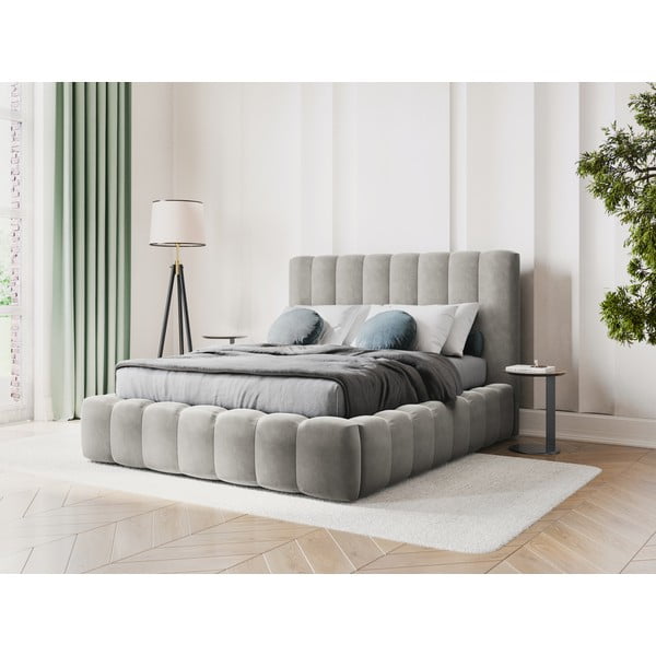 Svijetlo sivi tapecirani bračni krevet s prostorom za pohranu s letvičastom podnicom 180x200 cm Kelp - Micadoni Home-image-1