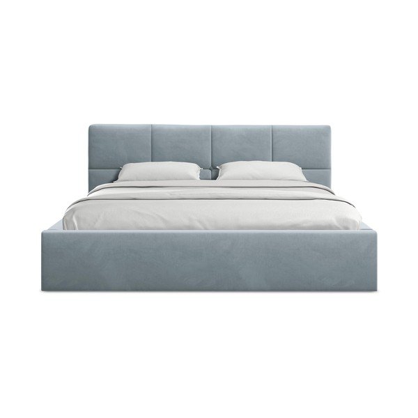 Svijetlo plavi baršunasti tapecirani bračni krevet s prostorom za odlaganje s podnicom 140x200 cm Hiko – Makamii-image-3