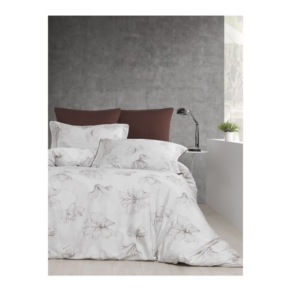 Posteljina s pamučnom satenskom plahtom za bračni krevet Fiori, 200 x 220 cm