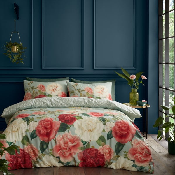 Zelena/ružičasta pamučna posteljina za krevet za jednu osobu 135x200 cm Rose Garden – RHS
