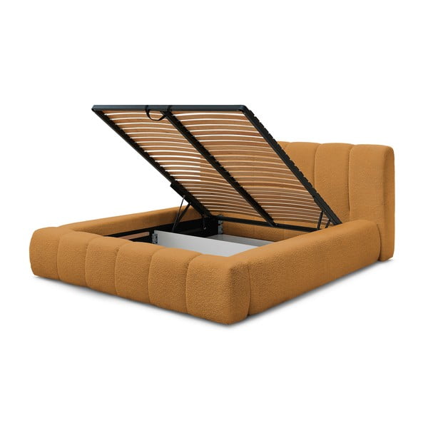 Senf žuti tapecirani bračni krevet s prostorom za odlaganje s podnicom 160x200 cm Denali – Bobochic Paris-image-4