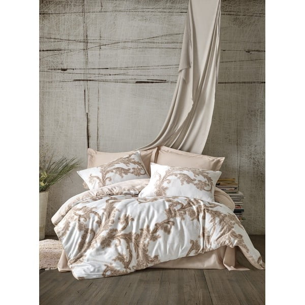 Bež posteljina za bračni krevet/za produženi krevet od pamučnog satena s uključenom plahtom/6-dijelna 200x220 cm Loren – Mijolnir