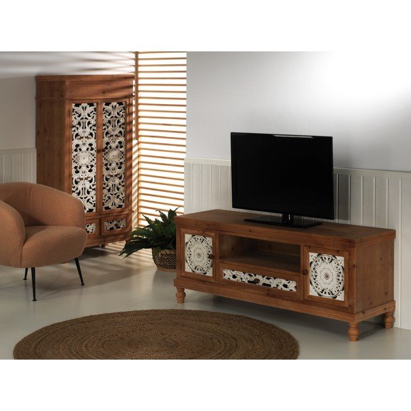 Bijela/u prirodnoj boji TV komoda od masivne smreke 140x58 cm Agrabah – Burkina-image-1
