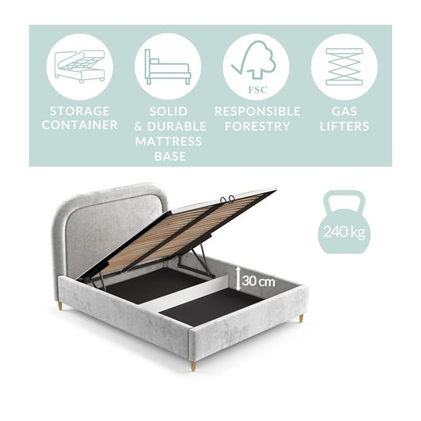 Svijetlo sivi tapecirani bračni krevet s prostorom za pohranu s podnicom 140x200 cm Mija – Maison de Rêve-image-3