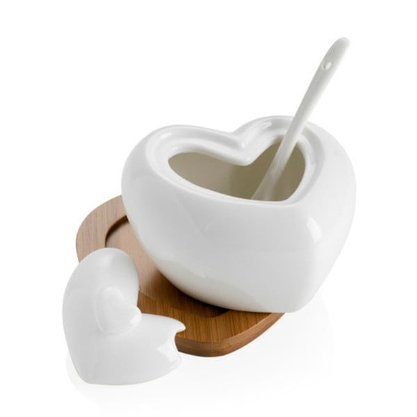 Porculanska posudica za šećer sa žlicom i podmetačem od bambusa Brandani Heart-image-4