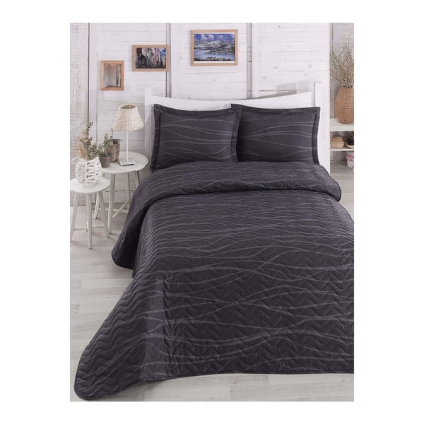Tamno sivi lagani prošiveni prekrivač za bračni krevet s jastučnicama Verda Gray, 200 x 220 cm