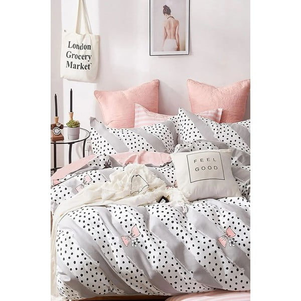 Bijela/ružičasta pamučna posteljina za bračni krevet/za produženi krevet s uključenom plahtom/4-dijelna 200x220 cm Bow and Polka-Dot – Mila Home