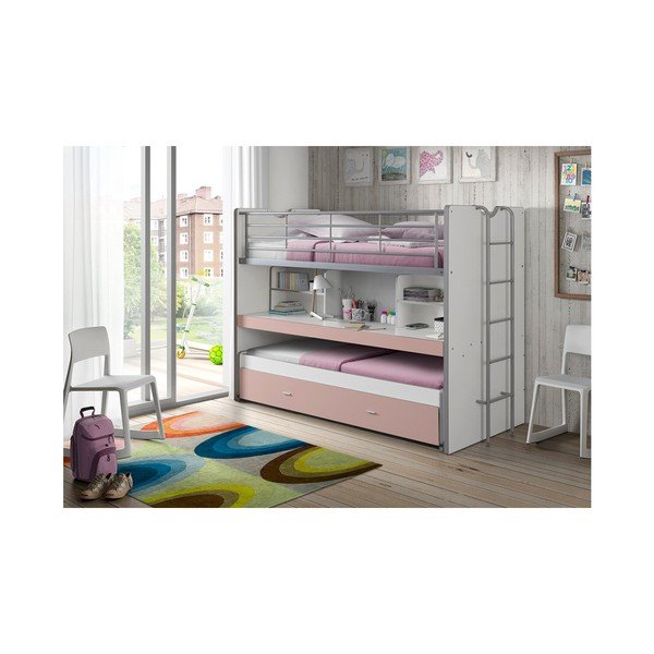 Bijeli/ružičasti dječji krevet na kat/s dodatnim ležajem s prostorom za odlaganje s podnicom 90x200 cm Bonny – Vipack-image-1