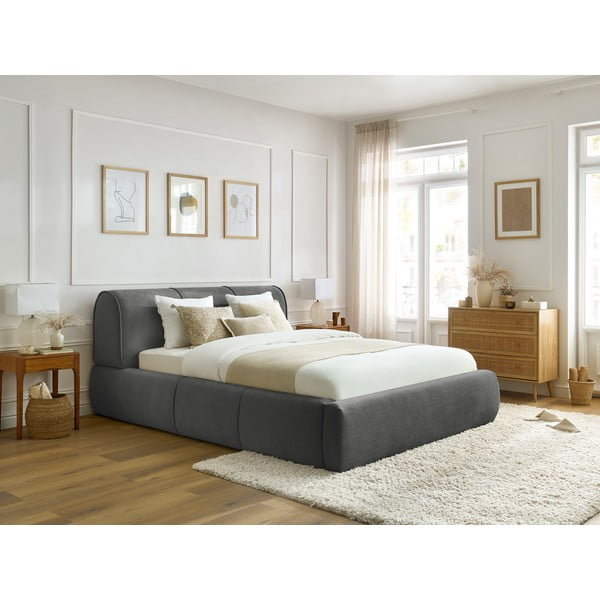 Sivi tapecirani bračni krevet s prostorom za pohranu s podnicom 180x200 cm Vernon – Bobochic Paris-image-1