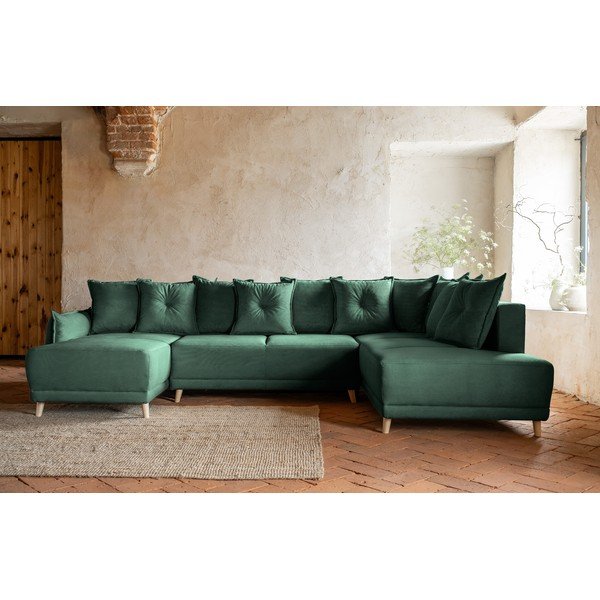 Zelena sklopiva kutna garnitura od samta (s desnim kutom/u obliku slova "U") Lazy Lukka – Miuform-image-1