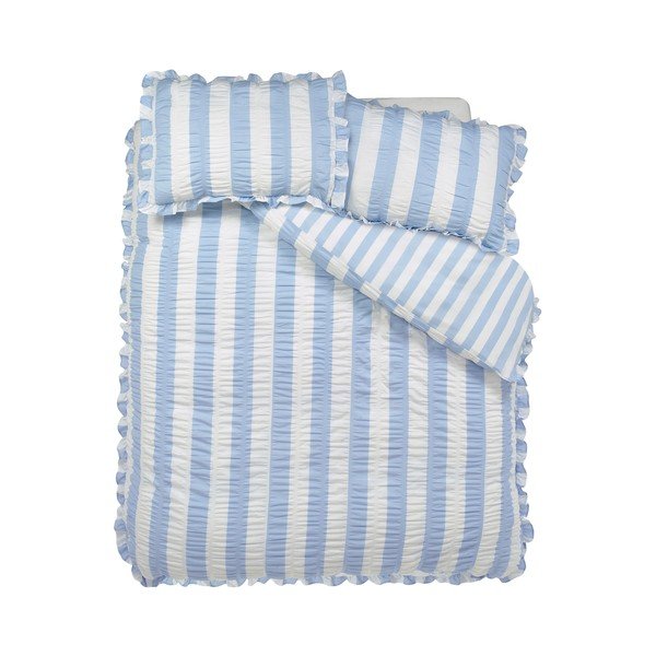 Plava posteljina za bračni krevet 200x200 cm Seersucker Frill Stripe – Catherine Lansfield