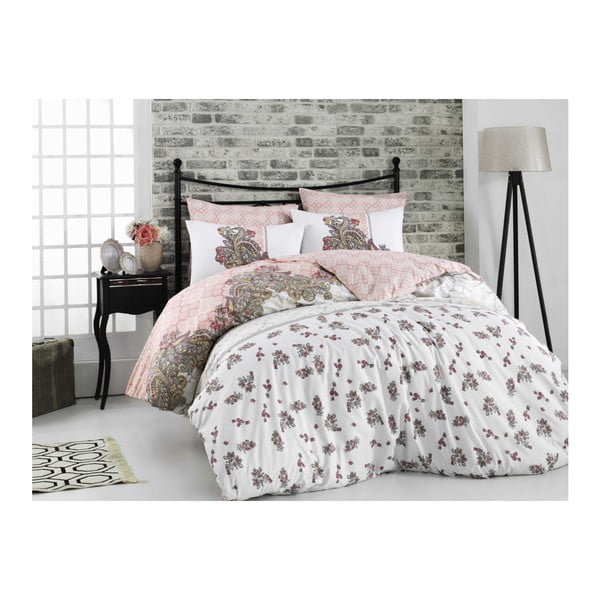 Pamučna posteljina s plahtama za bračni krevet Emiliana Pink, 200 x 220 cm