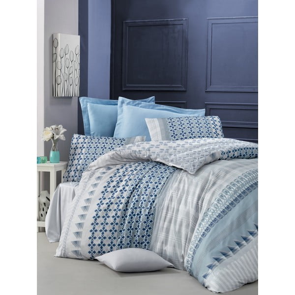 Plava posteljina od pamučnog satena za bračni krevet Victoria Ilya, 200 x 200 cm