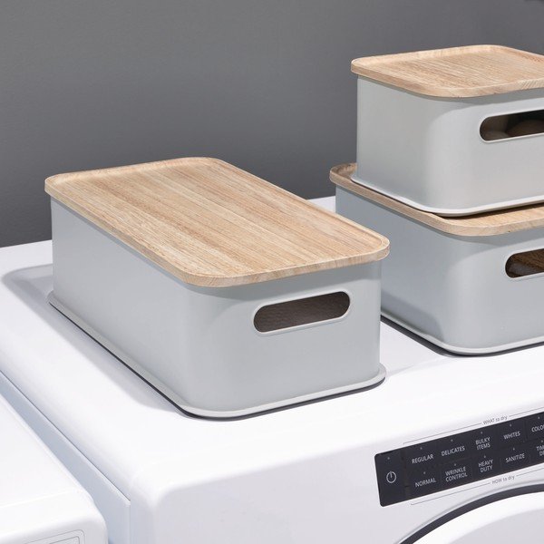 Siva kutija za pohranu s drvenim poklopcem paulovnija iDesign Eco Handled, 21,3 x 43 cm-image-1